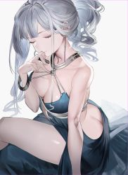Rule 34 | 1girl, absurdres, ak-12 (girls&#039; frontline), ak-12 (quiet azure) (girls&#039; frontline), arm support, ass, back, backless dress, backless outfit, blue dress, bracelet, breasts, butt crack, cleavage, closed eyes, closed mouth, collarbone, cropped, crossed legs, curly hair, derivative work, dress, duplicate, earrings, fingernails, girls&#039; frontline, hand to own mouth, hand up, highres, holding, jewelry, large breasts, liduke, lipstick, long hair, makeup, official alternate costume, pekoku (tamago sushi), photoshop (medium), redrawn, silver hair, sitting, smile, solo, thighs