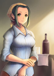 Rule 34 | 1girl, bar (place), bottle, breasts, east blue, glass, green eyes, green hair, head scarf, jewelry, long hair, makino (one piece), matching hair/eyes, necklace, one piece, shirt, sidelocks, smile, solo, striped clothes, striped shirt, sunlight, wine bottle, yellow eyes, yumiyokiak