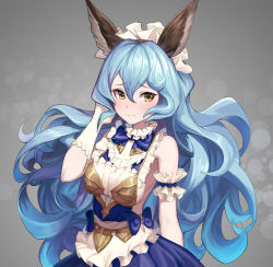 Rule 34 | 1girl, absurdres, alternate costume, animal ears, apron, arm garter, backless dress, backless outfit, blue bow, blue hair, blush, bow, breasts, cleavage, closed mouth, commentary request, dress, embarrassed, enmaided, erune, ferry (granblue fantasy), frills, gloves, granblue fantasy, grey background, hair between eyes, highres, long hair, looking at viewer, maid, maid headdress, medium breasts, ohihil, sideboob, sleeveless, sleeveless dress, solo, upper body, waist apron, wavy hair, white apron, white gloves, yellow eyes