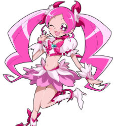 Rule 34 | 10s, 1girl, ;d, adapted costume, alternate hairstyle, blush, boots, bow, brooch, choker, cure blossom, dress, earrings, eyelashes, hair ribbon, hanasaki tsubomi, happy, heart, heart brooch, heartcatch precure!, jewelry, knee boots, long hair, magical girl, midriff, navel, one eye closed, open mouth, pink bow, pink eyes, pink hair, pink theme, pointing, precure, ribbon, sinko (sinsin), smile, solo, standing, standing on one leg, twintails, wink, wrist cuffs