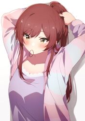 Rule 34 | 1girl, absurdres, arms behind head, blush, bow, breasts, brown hair, camisole, cleavage, collarbone, dot nose, hair bow, highres, idolmaster, idolmaster shiny colors, long hair, long sleeves, looking down, medium breasts, mouth hold, multicolored shirt, open clothes, open shirt, osaki amana, purple camisole, reikakrzk, solo, swept bangs, tying hair, yellow eyes