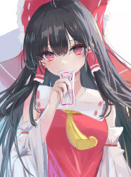 Rule 34 | 1girl, absurdres, ascot, bad id, bad pixiv id, bare shoulders, black hair, blush, bow, detached sleeves, hair between eyes, hair bow, hair tubes, hakurei reimu, highres, japanese clothes, long hair, looking at viewer, lshiki, nontraditional miko, ofuda, red bow, red eyes, ribbon-trimmed sleeves, ribbon trim, sidelocks, solo, touhou, upper body, white sleeves, wide sleeves, yellow ascot