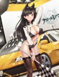 Rule 34 | 1girl, absurdres, animal ears, arm up, atago (azur lane), atago (stunning speedster) (azur lane), azur lane, bikini, black bikini, black hair, breasts, brown eyes, brown thighhighs, car, ceiling light, checkered flag, cleavage, commentary request, copyright name, dutch angle, flag, goback, highres, holding, huge filesize, large breasts, long hair, long sleeves, looking at viewer, motor vehicle, navel, parted lips, race queen, shrug (clothing), smile, solo, standing, stomach, swimsuit, thighhighs, thighs, wing collar, wrist cuffs