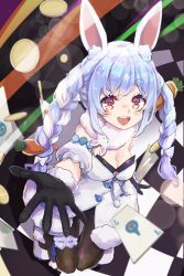 Rule 34 | 1girl, :d, animal ear fluff, animal ears, arm cuffs, black gloves, black leotard, black pantyhose, blue hair, blurry, blush, braid, breasts, cameo, card, carrot hair ornament, checkered floor, cleavage, coin, commentary, depth of field, domaso (sowdma2), don-chan (usada pekora), dragon quest, dress, eyelashes, food-themed hair ornament, foreshortening, from above, full body, fur-trimmed dress, fur-trimmed gloves, fur scarf, fur trim, gloves, hair ornament, highres, hololive, leotard, light blue hair, long hair, looking at viewer, looking up, medium breasts, multicolored hair, off-shoulder dress, off shoulder, open mouth, outstretched hand, pantyhose, playboy bunny, playing card, pom pom (clothes), rabbit ears, reaching, reaching towards viewer, red eyes, shoes, slime (dragon quest), smile, solo, symbol-shaped pupils, thick eyebrows, thigh strap, twin braids, twintails, two-tone hair, usada pekora, usada pekora (1st costume), virtual youtuber, white dress, white footwear, white hair