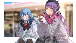 Rule 34 | 2girls, :d, :o, beret, black gloves, blue eyes, blue hair, blurry, blurry background, commentary request, cup, disposable cup, ear piercing, gloves, green eyes, hair ornament, hat, highres, hololive, hoshimachi suisei, hoshimachi suisei (school uniform), light blush, long hair, long sleeves, multicolored hair, multiple girls, open mouth, piercing, pink hair, plaid, purple hair, ribbed sweater, scarf, sitting, smile, star (symbol), star hair ornament, starry sky print, sweater, tokoyami towa, tsukino (nakajimaseiki), two-tone hair, virtual youtuber, white gloves