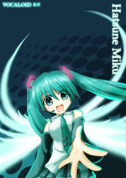Rule 34 | 1girl, :d, aqua eyes, aqua hair, aqua necktie, black skirt, blush, character name, detached sleeves, eyes visible through hair, female focus, happy, hatsune miku, headset, looking at viewer, matching hair/eyes, necktie, open mouth, pleated skirt, reaching, reaching towards viewer, shirt, skirt, sleeveless, smile, solo, twintails, upper body, vocaloid, wings