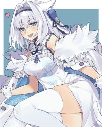 Rule 34 | 1girl, animal ears, blue eyes, breasts, bun cover, cape, china dress, chinese clothes, dobrynya nikitich (fate), dress, fang, fate/grand order, fate (series), fur-trimmed cape, fur trim, hairband, heart, highres, long hair, medium breasts, official alternate costume, solo, tail, thighhighs, uxco0, white dress, white hair