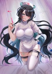 Rule 34 | 1girl, animal ears, black hair, blue eyes, blue hair, body markings, breasts, colored inner hair, dress, erina makina, hair over one eye, hand on own hip, hat, heart, highres, holding, holding syringe, irasuto neko35, large breasts, long hair, mechanical arms, medical scrubs, multicolored hair, nurse, nurse cap, parted lips, phase connect, short dress, single mechanical arm, solo, streaked hair, syringe, tail, thigh strap, thighhighs, tiger ears, tiger girl, tiger tail, virtual youtuber, white thighhighs
