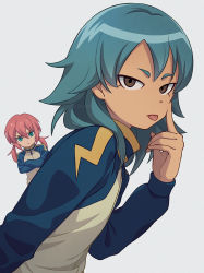 Rule 34 | 2boys, akanbe, asada hachi, brown eyes, character request, check character, closed mouth, commentary request, crossed arms, eyelid pull, frown, green eyes, green hair, grey background, hair between eyes, highres, inazuma eleven (series), inazuma eleven go, jacket, kariya masaki, kirino ranmaru, long hair, long sleeves, looking at viewer, male focus, multiple boys, pink hair, simple background, tongue, tongue out, track jacket, twintails, upper body