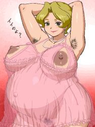 Rule 34 | armpit hair, arms behind back, blonde hair, breasts, huge breasts, jewelry, lingerie, necklace, nippleless clothes, oekaki, pregnant, see-through, tenseiani, translated, uncensored, underwear