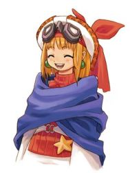 Rule 34 | 1girl, :d, ^ ^, bandana, blonde hair, blush, buckle, cape, closed eyes, cornet espoir, earrings, goggles, goggles on head, hat, jewelry, lowres, marl kingdom, nippon ichi, open mouth, puppet princess (marl kingdom), short hair, simple background, smile, solo, star (symbol), uniform, white background