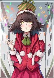Rule 34 | 1girl, black hair, blush, brown eyes, coat, confetti, dated, gift, gloves, green neckwear, hat, looking up, medium hair, nonaka haru, on head, red coat, red gloves, red hat, red skirt, santa hat, signature, skirt, solo, yesterday wo utatte, zhanzhangzlw