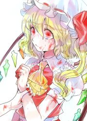 Rule 34 | 1girl, ass, blonde hair, blood, blood on clothes, blood on face, blood on hands, crying, dress, flandre scarlet, hat, hat ribbon, highres, holding another&#039;s wrist, mob cap, puffy sleeves, red dress, red eyes, ribbon, rosette (roze-ko), sash, shirt, side ponytail, tears, touhou, upper body, wings
