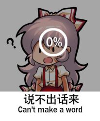 Rule 34 | 1girl, :o, bilingual, bow, chibi, chinese text, english text, engrish text, fujiwara no mokou, hair bow, jokanhiyou, lowres, meme, mixed-language text, pants, percentage, puffy short sleeves, puffy sleeves, ranguage, red pants, short sleeves, simple background, simplified chinese text, suspenders, touhou, translation request, white background, white bow