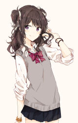 Rule 34 | 1girl, black skirt, bow, bowtie, brown hair, cardigan, closed mouth, collared shirt, cowboy shot, hair ornament, hand up, holding, holding own hair, jacket, long hair, long sleeves, looking at viewer, original, pleated skirt, purple eyes, red bow, red bowtie, ribbon, school uniform, shiina kuro, shirt, simple background, skirt, smile, solo, standing, sweater, sweater vest, twintails, uniform, white shirt