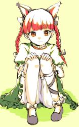 Rule 34 | 1girl, :3, animal ears, black bow, black ribbon, bloomers, blunt bangs, bow, braid, cat ears, closed mouth, dress, extra ears, footwear bow, green dress, hands on own knees, kaenbyou rin, knees up, leg ribbon, looking at viewer, medium hair, red eyes, red hair, ribbon, short sleeves, shukinuko, side braids, simple background, sitting, smile, solo, touhou, twin braids, underwear, yellow background