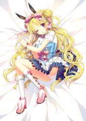 Rule 34 | 1girl, ;d, animal ears, ass, bad id, bad pixiv id, bed sheet, blonde hair, bow, bracelet, breasts, dress, fake animal ears, fetal position, from above, hair bow, high heels, highres, jewelry, looking at viewer, lying, narinn, on side, one eye closed, open mouth, original, panties, pantyshot, parted lips, pink panties, purple eyes, rabbit ears, ring, short sleeves, smile, socks, striped clothes, striped panties, teeth, underwear