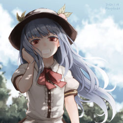 Rule 34 | 1girl, adjusting hair, black hat, blue hair, blurry, blurry background, blush, center frills, collared shirt, commentary request, dated, day, dress shirt, food, frills, fruit, grin, hand up, hat, hinanawi tenshi, kagikake, long hair, looking at viewer, neck ribbon, outdoors, peach, plant, puffy short sleeves, puffy sleeves, red eyes, red ribbon, ribbon, shirt, short sleeves, smile, solo, straight-on, touhou, twitter username, upper body, white shirt, wind, wing collar