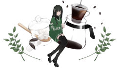 Rule 34 | 1girl, absurdres, black footwear, black hair, black sweater, black thighhighs, blush, boots, closed mouth, clothes writing, coffee, coffee beans, cup, full body, green eyes, green sweater, hair ornament, hairclip, highres, holding, holding cup, ktym 777, long hair, long sleeves, mug, original, simple background, solo, spoon, sugar cube, sweater, thighhighs, turtleneck, turtleneck sweater, white background, wide sleeves