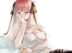 Rule 34 | 1girl, asai (00:05), black ribbon, black shorts, blue eyes, blunt bangs, blush, breasts, butterfly hair ornament, cleavage, collarbone, elbow rest, embarrassed, eyebrows hidden by hair, go-toubun no hanayome, hair ornament, hand on own cheek, hand on own face, highres, hime cut, large breasts, long hair, looking to the side, multicolored nails, nail polish, nakano nino, off shoulder, pillow, pink hair, ribbon, shorts, simple background, tank top, twintails, v-shaped eyebrows, white background, white tank top