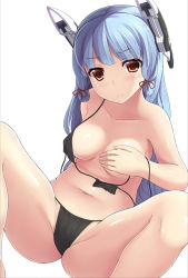 Rule 34 | 10s, 1girl, bikini, black bikini, blue hair, brown eyes, covering breasts, covering one breast, covering privates, hair ribbon, headgear, highres, kantai collection, long hair, looking at viewer, mizunashi kenichi, murakumo (kancolle), ribbon, simple background, solo, swimsuit, white background