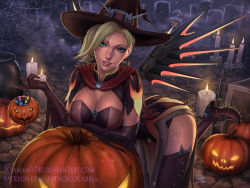 Rule 34 | 1girl, artist name, blonde hair, breasts, candle, candy, cleavage, dated, deviantart username, food, graveyard, halloween, hat, huge breasts, jack-o&#039;-lantern, md5 mismatch, mercy (overwatch), official alternate costume, overwatch, overwatch 1, patreon username, pelvic curtain, pumpkin, realistic, sciamano240, solo, watermark, web address, witch, witch hat, witch mercy