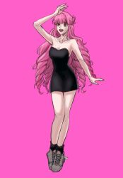 Rule 34 | 1girl, artist request, bare arms, bare legs, black dress, blunt bangs, breasts, cleavage, dress, drill hair, from below, full body, hair bun, highres, long hair, looking to the side, medium breasts, one piece, perona, pink hair, shoes, sneakers, solo, strapless, strapless dress, very long hair