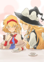 Rule 34 | 2girls, alice margatroid, bad id, bad pixiv id, blonde hair, braid, capelet, eating, female focus, gradient background, hairband, hat, kirisame marisa, long hair, multiple girls, non (z-art), short hair, touhou, upper body, white background, witch, witch hat, yellow eyes