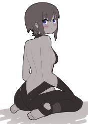 Rule 34 | 1girl, ass, bare back, bare shoulders, blue eyes, blush, bodysuit, breasts, closed mouth, commentary request, dark-skinned female, dark skin, fate/prototype, fate/prototype: fragments of blue and silver, fate (series), hair between eyes, hassan of serenity (fate), highres, i.u.y, looking at viewer, looking back, monochrome, no shoes, shadow, sitting, small breasts, soles, solo, spot color, stirrup legwear, toeless legwear, wariza, white background