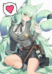 Rule 34 | 1girl, absurdres, animal ear fluff, animal ears, arknights, belt, black ribbon, black skirt, blush, brown belt, cardigan, cat ears, cat tail, commentary request, green eyes, green hair, grey cardigan, harmonie (arknights), heart, henz, highres, infection monitor (arknights), long hair, long sleeves, looking at viewer, miniskirt, neck ribbon, ribbon, shirt, simple background, sitting, skirt, smile, solo, tail, thighs, very long hair, white background, white shirt