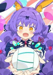 Rule 34 | 1girl, :d, animal ear fluff, animal ears, ball, balloon, blush, brooch, commentary request, highres, hoshikawa tefu (vtuber), jewelry, kuusou code plus, long hair, looking at viewer, open mouth, purple hair, rabbit ears, rabbit girl, smile, solo, totomono, upper body, virtual youtuber, yellow eyes