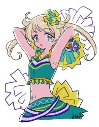 Rule 34 | 1girl, :o, armpits, arms behind head, arms up, blonde hair, blue eyes, breasts, cheerleader, commentary request, cowboy shot, green shirt, green skirt, hair ornament, holding, holding pom poms, kiratto pri chan, long hair, looking at viewer, midriff, moegi emo, open mouth, pom pom (cheerleading), pom poms, pretty series, rituyama1, shirt, signature, simple background, skirt, sleeveless, sleeveless shirt, small breasts, solo, standing, twintails, white background
