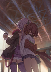 Rule 34 | 2girls, black jacket, black panties, brown hair, closed eyes, coffee cup, commentary request, cup, disposable cup, holding, holding cup, jacket, japanese clothes, kimono, kiss, long hair, long sleeves, low twintails, multiple girls, panties, purple hair, purple legwear, purple shirt, shirt, short hair, standing, striped clothes, striped shirt, striped thighhighs, thighhighs, thighs, touhoku kiritan, twintails, underwear, vertical-striped clothes, vertical-striped shirt, vertical-striped thighhighs, vocaloid, voiceroid, yamamomo (plank), yuri, yuzuki yukari