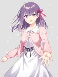 Rule 34 | 1girl, :d, cowboy shot, dress, fate/stay night, fate (series), grey background, hair between eyes, hair ribbon, highres, long hair, looking at viewer, matou sakura, official alternate costume, open mouth, purple eyes, purple hair, red ribbon, ribbon, sada (sadahalu), smile, solo, white dress