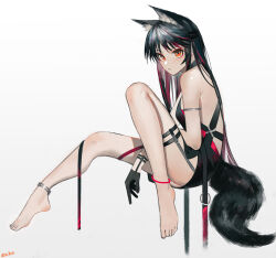Rule 34 | 1girl, absurdres, animal ear fluff, animal ears, anklet, arknights, bare shoulders, barefoot, black dress, black gloves, black hair, breasts, dress, feet, gloves, grey background, highres, jewelry, legs, long hair, mackia, multicolored hair, orange eyes, simple background, sleeveless, sleeveless dress, small breasts, solo, streaked hair, tail, texas (arknights), thighs, toes, wolf ears, wolf girl, wolf tail
