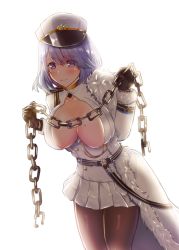 Rule 34 | 1girl, absurdres, azur lane, black gloves, black pantyhose, blue eyes, blue hair, blush, breasts, chain, chapayev (azur lane), fur-trimmed shawl, fur trim, gloves, hair ornament, hat, highres, jacket, large breasts, looking at viewer, military hat, mole, mole on breast, pantyhose, peaked cap, shawl, short hair, sigure fe17, smile, solo, white hat, white jacket