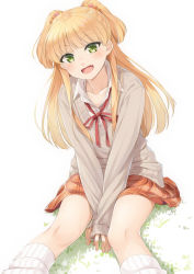 Rule 34 | 1girl, :d, between legs, blonde hair, blush, brown sweater, collarbone, collared shirt, commentary request, dress shirt, fangs, feet out of frame, green eyes, hand between legs, idolmaster, idolmaster cinderella girls, jougasaki rika, long hair, long sleeves, looking at viewer, loose socks, miri (ago550421), neck ribbon, open mouth, plaid, plaid skirt, red ribbon, red skirt, ribbed legwear, ribbon, shirt, sitting, skirt, sleeves past wrists, smile, socks, solo, sweater, two side up, very long hair, white background, white shirt, white socks