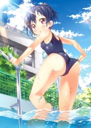 Rule 34 | 1girl, :o, adjusting clothes, adjusting swimsuit, ass, bare legs, barefoot, black hair, blue sky, blush, brown eyes, cloud, day, from below, kazuma (kazumav), light rays, one-piece swimsuit, open mouth, original, parted lips, partially submerged, partially underwater shot, ponytail, pool, pool ladder, poolside, school swimsuit, sky, solo, sparkle, sunbeam, sunlight, swim cap, swimsuit, tan, tanline, toes, water, wet