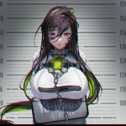 Rule 34 | 1girl, ankle cuffs, arms behind back, bodysuit, breasts, brown hair, chain, collar, commentary request, cuffs, full body, goddess of victory: nikke, green hair, guilty (nikke), hair behind ear, hair between eyes, height chart, huge breasts, leaning forward, long hair, looking at viewer, mikan03 26, mugshot, multicolored hair, non-web source, official art, purple eyes, restrained, shackles, solo, source request, standing, straitjacket, streaked hair, very long hair, weapon, white bodysuit