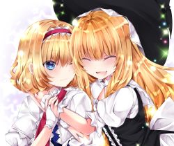 Rule 34 | 2girls, :d, ^ ^, alice margatroid, bad id, bad pixiv id, black dress, black headwear, blonde hair, blue dress, blue eyes, blush, capelet, closed eyes, dress, fang, hair between eyes, hairband, hat, kirisame marisa, long hair, multiple girls, nanase nao, one eye closed, open mouth, puffy short sleeves, puffy sleeves, red hairband, shirt, short sleeves, sleeveless, sleeveless dress, smile, star (symbol), starry background, touhou, very long hair, white capelet, white shirt, witch hat