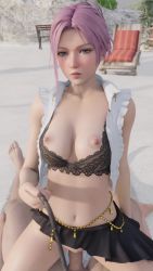 Rule 34 | 1boy, 1girl, 3d, animated, audiodude, beach, bikini, bikini bottom aside, blue eyes, breasts, clothing aside, dead or alive, dead or alive xtreme venus vacation, elise (doa), femdom, hetero, highres, lazyprocrastinator, purple hair, looking at viewer, lying, medium breasts, moaning, navel, nipples, pov, public indecency, sex, sound, swimsuit, vaginal, video, whip