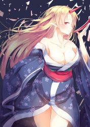 Rule 34 | 1girl, arm behind back, blonde hair, blue kimono, breasts, cleavage, closed mouth, collarbone, commentary request, cowboy shot, cup, floral print, highres, horns, hoshiguma yuugi, hoshiguma yuugi (kimono), japanese clothes, kanzakietc, kimono, long hair, long sleeves, medium breasts, obi, off shoulder, one-hour drawing challenge, parted bangs, petals, pointy ears, red eyes, red horns, red sash, revealing clothes, sakazuki, sash, single horn, smile, solo, thighs, touhou, very long hair, wide sleeves