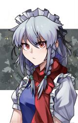 Rule 34 | 1girl, blue dress, braid, closed mouth, dress, grey hair, highres, izayoi sakuya, long hair, looking at viewer, maid, maid headdress, onionmay, red eyes, red scarf, scarf, short sleeves, solo, touhou, twin braids