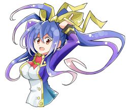 Rule 34 | 1girl, :o, antenna hair, arms up, blazblue, blazblue remix heart, blue hair, bow, breasts, enpe, genderswap, genderswap (mtf), gradient hair, hair bow, hands in hair, large breasts, long hair, looking at viewer, mai natsume, md5 mismatch, multicolored hair, open mouth, ponytail, red eyes, resized, ribbon, school uniform, simple background, solo, very long hair, white background, yellow bow