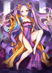 Rule 34 | 1girl, bad id, bad twitter id, bare shoulders, blush, chinese clothes, dress, fate/grand order, fate (series), full body, hanfu, highres, hip focus, light smile, long hair, long sleeves, looking at viewer, no panties, pelvic curtain, potemkin village, purple eyes, purple hair, sash, scrunchie, shawl, sitting, solo, strapless, strapless dress, thighs, twintails, very long hair, wavy hair, wide sleeves, wu zetian (fate)