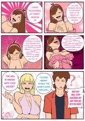 Rule 34 | 1boy, 2girls, ?, absurdres, aged up, banjabu, blonde hair, blunt bangs, blush, bracelet, breasts, brown eyes, brown hair, censored, censored text, choker, cleavage, comic, commentary, dipper pines, drooling, earrings, english commentary, english text, eyes visible through hair, gravity falls, green eyes, hairband, half-closed eyes, heart, heart choker, heart earrings, highres, hoop earrings, jewelry, large breasts, long hair, mabel pines, multiple girls, off-shoulder sweater, off shoulder, pacifica northwest, pink hairband, purple choker, raised eyebrow, red shirt, shirt, sweater, tongue, tongue out