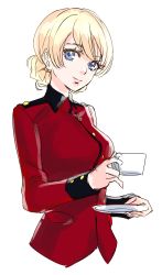 Rule 34 | 10s, 1girl, absurdres, blonde hair, blue eyes, braid, closed mouth, commentary request, cropped torso, cup, darjeeling (girls und panzer), epaulettes, girls und panzer, highres, holding, holding cup, jacket, kuppipi ramutarou, lips, long sleeves, looking at viewer, military, military uniform, red jacket, saucer, short hair, simple background, sketch, smile, solo, st. gloriana&#039;s military uniform, standing, teacup, twin braids, uniform, upper body, white background