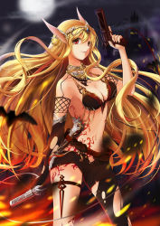 Rule 34 | 10s, 1girl, blonde hair, bra, breasts, chain chronicle, cleavage, gun, holding, holding gun, holding weapon, lancefate, long hair, looking at viewer, medium breasts, navel, pointy ears, red eyes, shorts, solo, underwear, very long hair, weapon