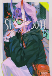 Rule 34 | 1girl, alternate costume, azolitmin, bag, beret, black hoodie, bob cut, bubble tea, casual, character name, collared dress, commentary, cup, dress, ear piercing, english commentary, eyeliner, fate/grand order, fate (series), glasses, graffiti, handbag, hat, headpiece, highres, holding, holding cup, hood, hoodie, horns, lightning bolt symbol, lipstick, long sleeves, looking at viewer, makeup, nail polish, oni, parted lips, piercing, pink dress, pink hat, pointy ears, purple eyes, purple hair, red nails, road, round eyewear, short eyebrows, short hair, shoulder bag, shuten douji (fate), sideways glance, sitting, skin-covered horns, solo, street