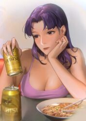 Rule 34 | 1girl, absurdres, alcohol, bare arms, bare shoulders, beer, beer can, blurry, blush, breast press, breasts, brown eyes, can, cleavage, closed mouth, commentary, couch, crop top, depth of field, drink can, eyelashes, food, head rest, highres, holding, holding can, katsuragi misato, large breasts, limart, looking at object, medium hair, neon genesis evangelion, noodles, purple hair, purple tank top, ramen, sitting, sleeveless, solo, spaghetti strap, symbol-only commentary, tank top, upper body, yebisu